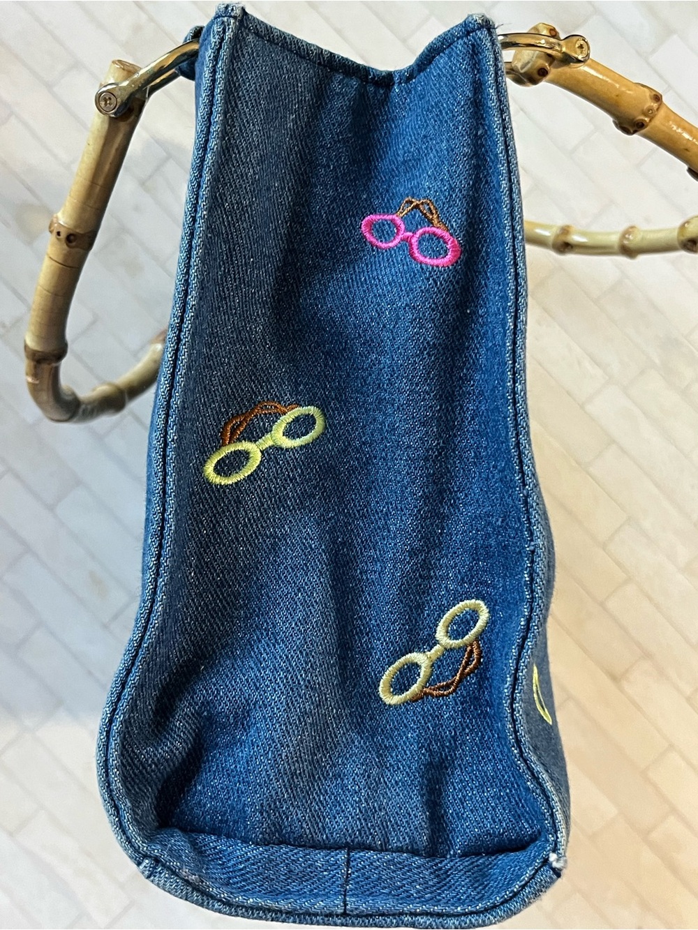 Denim Embroidered Glasses Satchel with Bamboo Handle Colorful - Picture 7 of 13